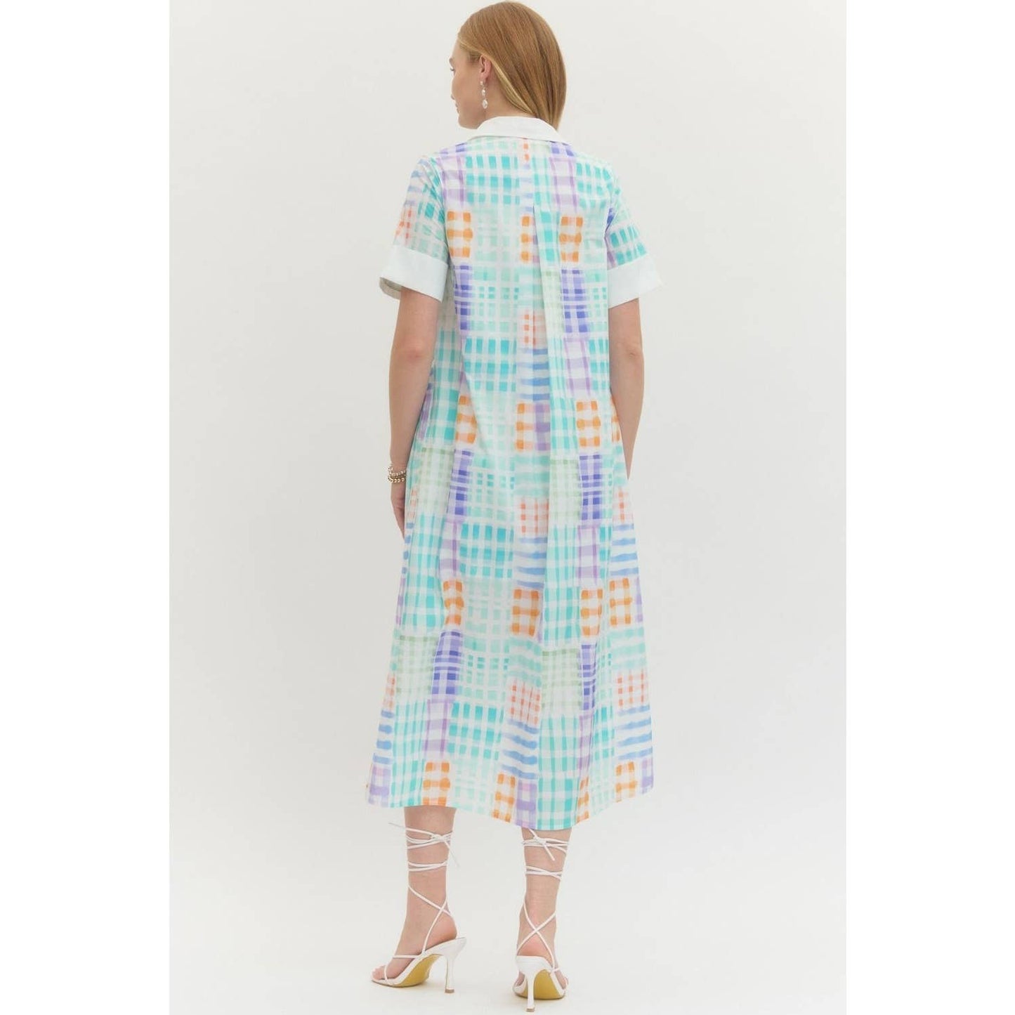Midi Dress Modest With Collared Neckline And Button Front In Plaid Print