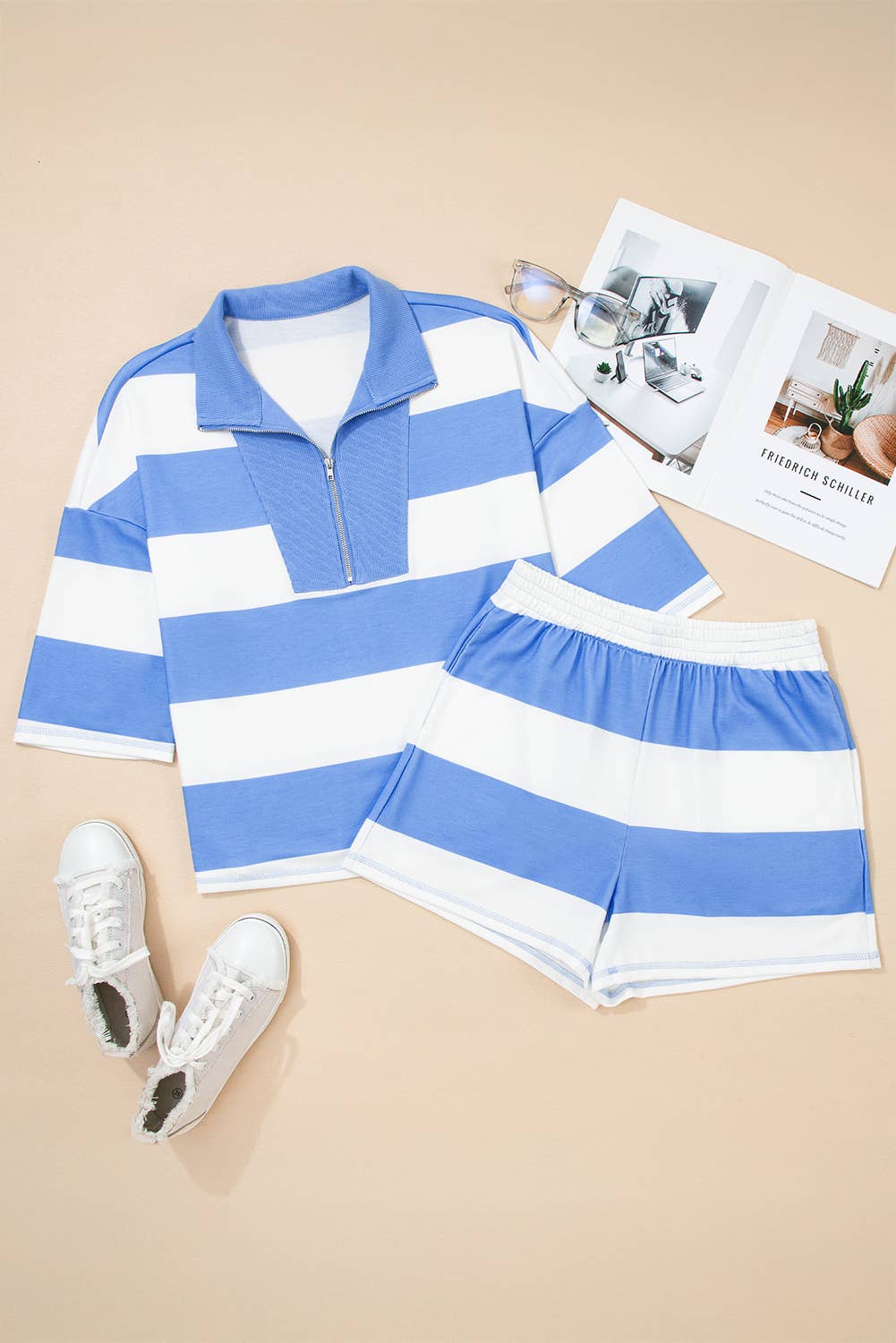 Striped Half Zip Tee And Shorts Set - Trendy & Comfy