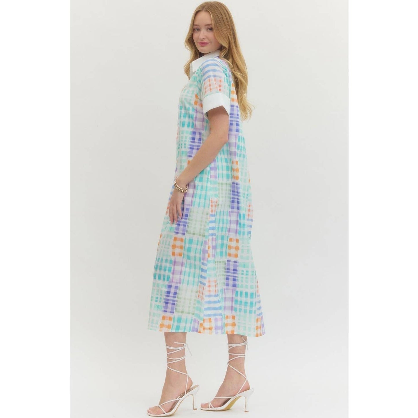 Midi Dress Modest With Collared Neckline And Button Front In Plaid Print