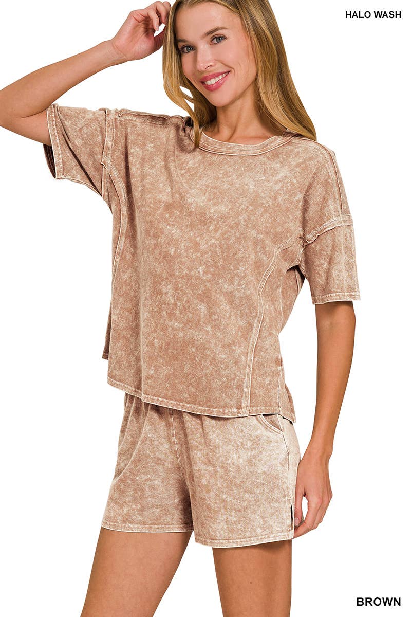 Short Sleeve Tee And Shorts Set Modest Snow Washed Women's Boutique Style