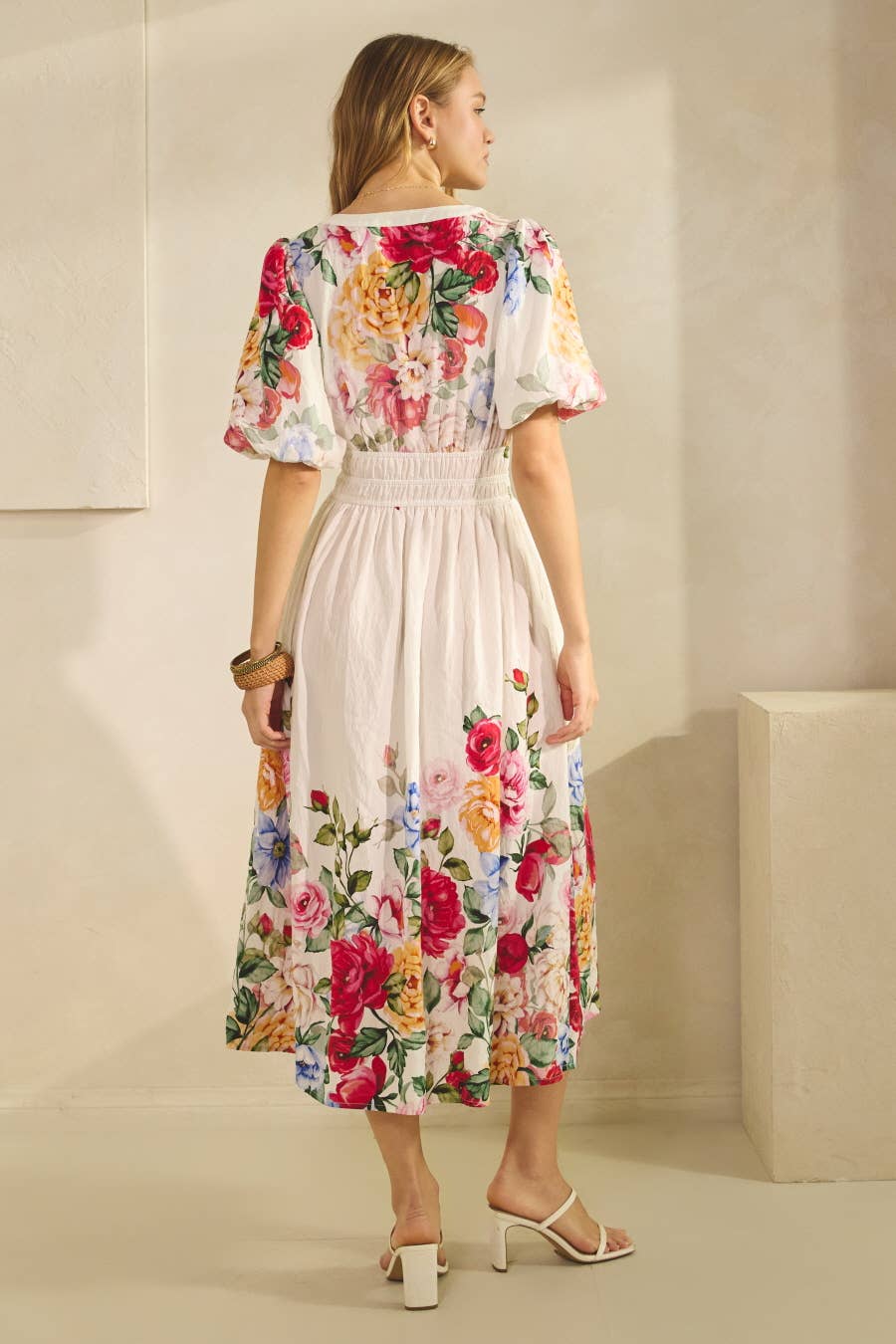 Floral Midi Dress - Short Sleeves, Fitted Waist, Flared Skirt- Modest Apparel