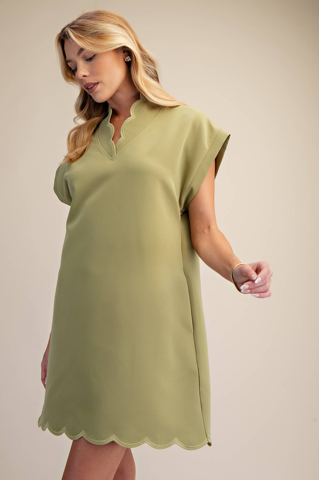 Mini Dress With Embroidered Scallop Trim V Neck And Hem Cap Sleeves - Super Cute