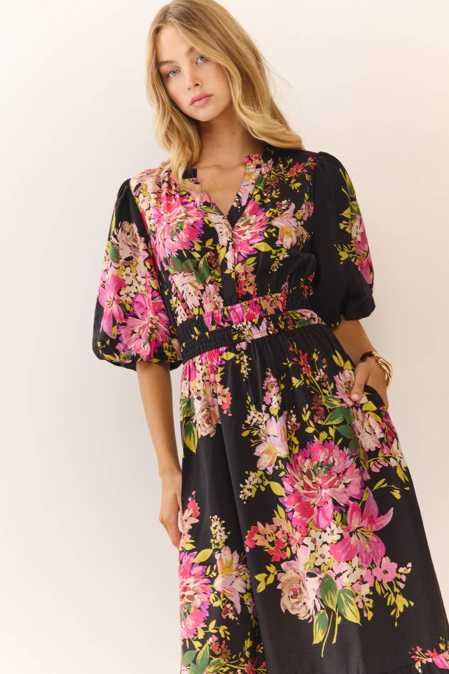 Midi Dress With Floral Print - Faith-Based Modest V-Neck Empire Waist Tiered Hem