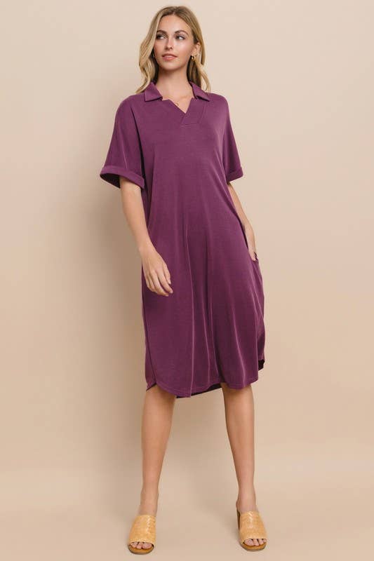 Plus Size Modest Modal Pique Knit Midi Dress With V Neck Collar