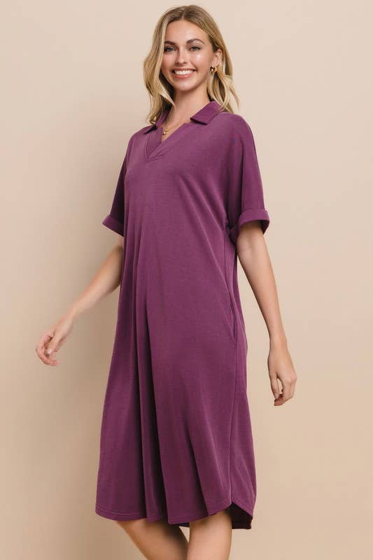 Plus Size Modest Modal Pique Knit Midi Dress With V Neck Collar
