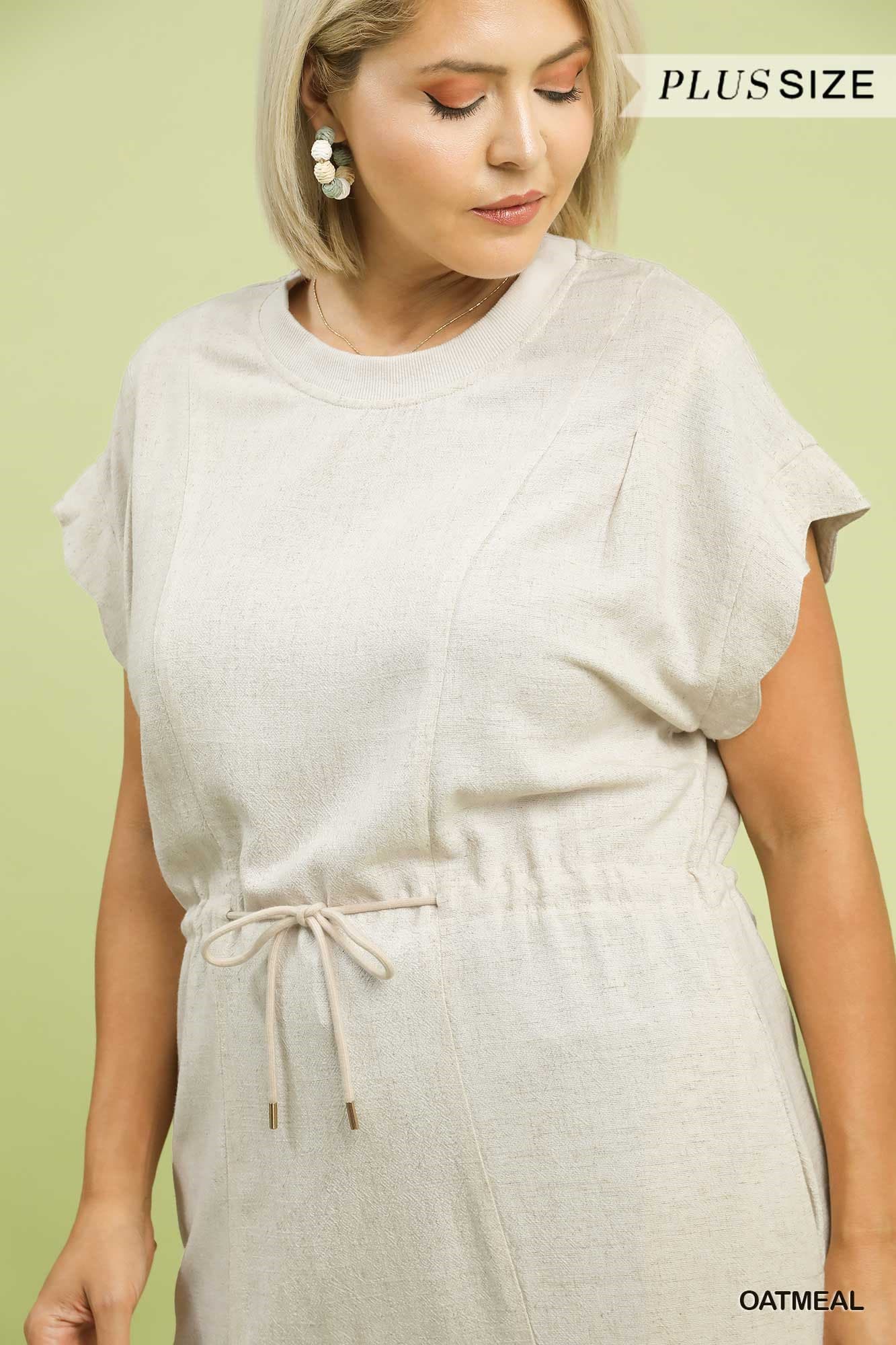Plus Size Linen Blend Scallop Hem Mini Dress With Flutter Sleeves Modest Fashion