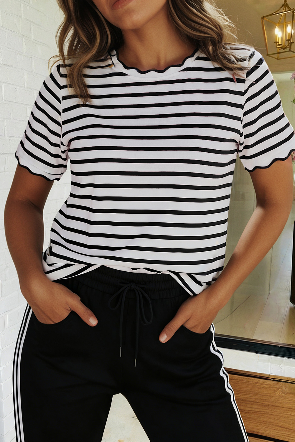 Scallop Trimmed Striped Blouse