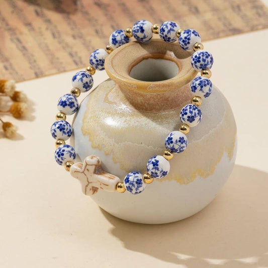 Blue Ceramic Bead Bracelet With Cross Charm And Pearl Pop