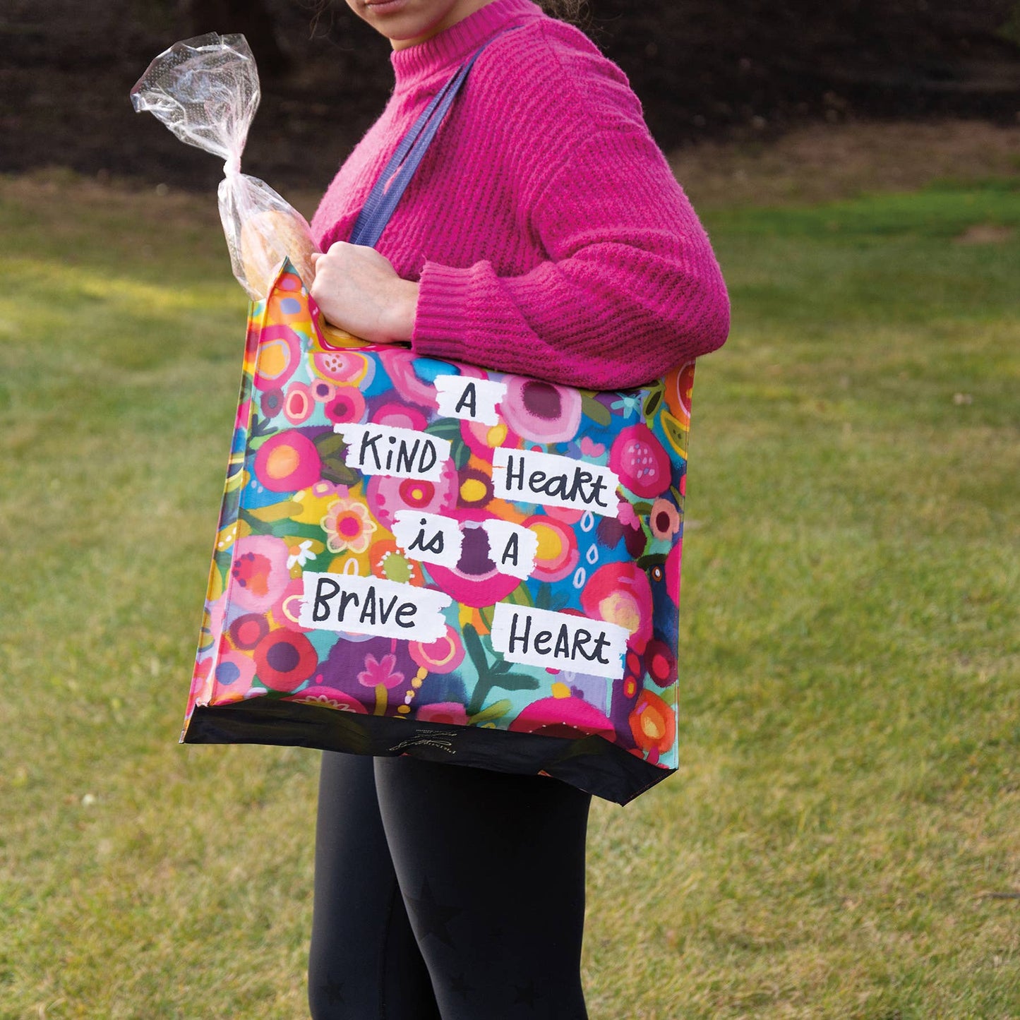 Market Tote With Floral Design And A Kind Heart Is A Brave Heart