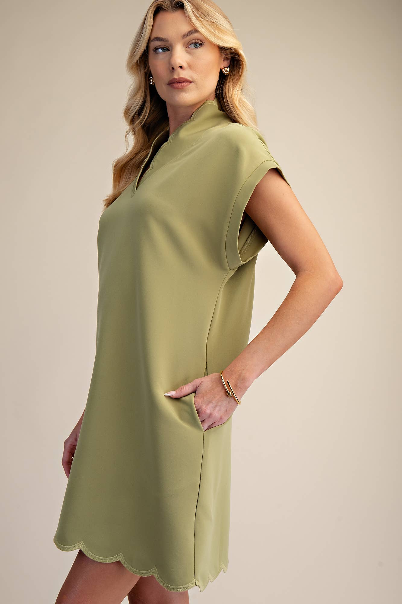 Mini Dress With Embroidered Scallop Trim V Neck And Hem Cap Sleeves - Super Cute