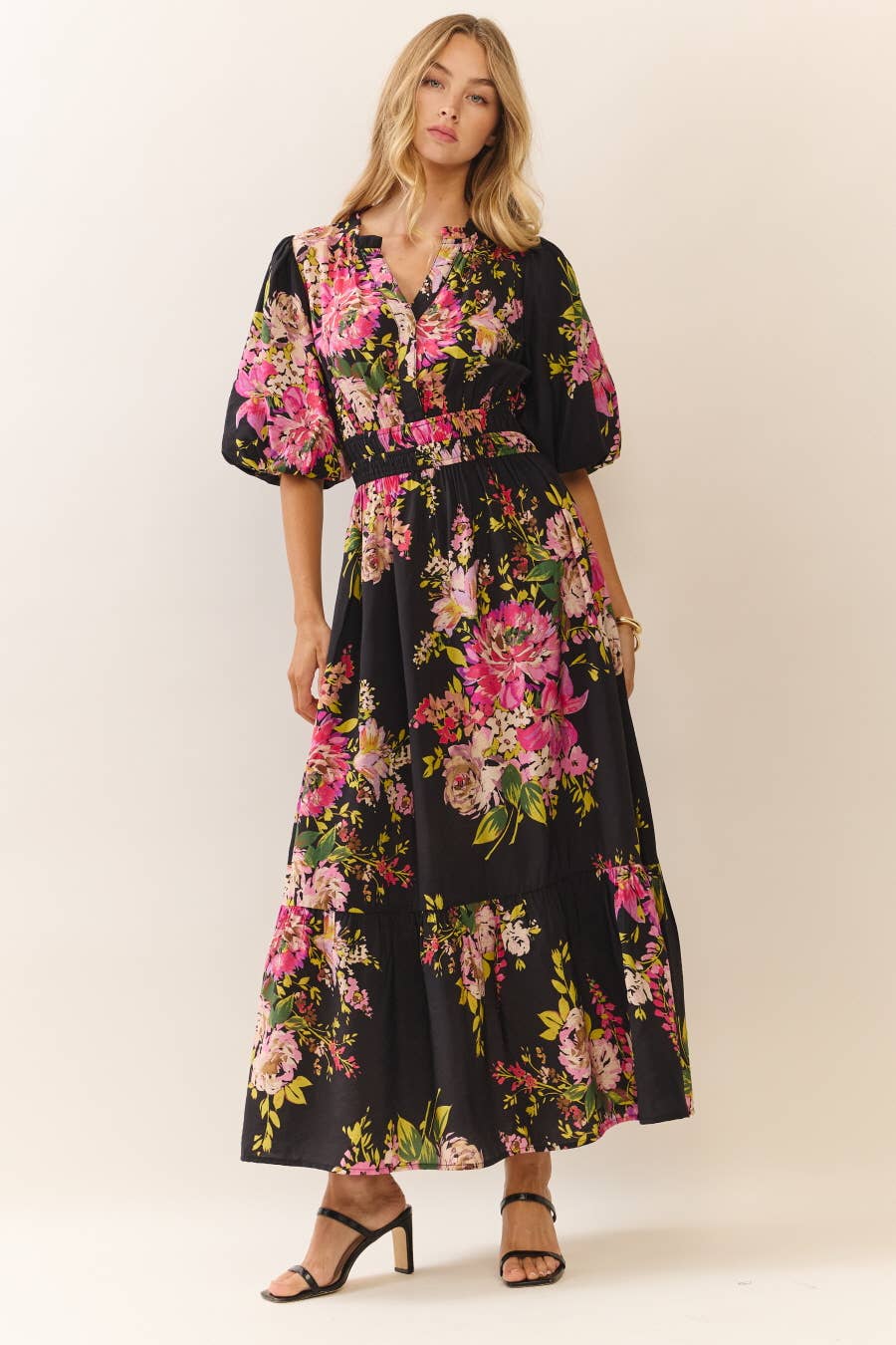 Midi Dress With Floral Print - Faith-Based Modest V-Neck Empire Waist Tiered Hem