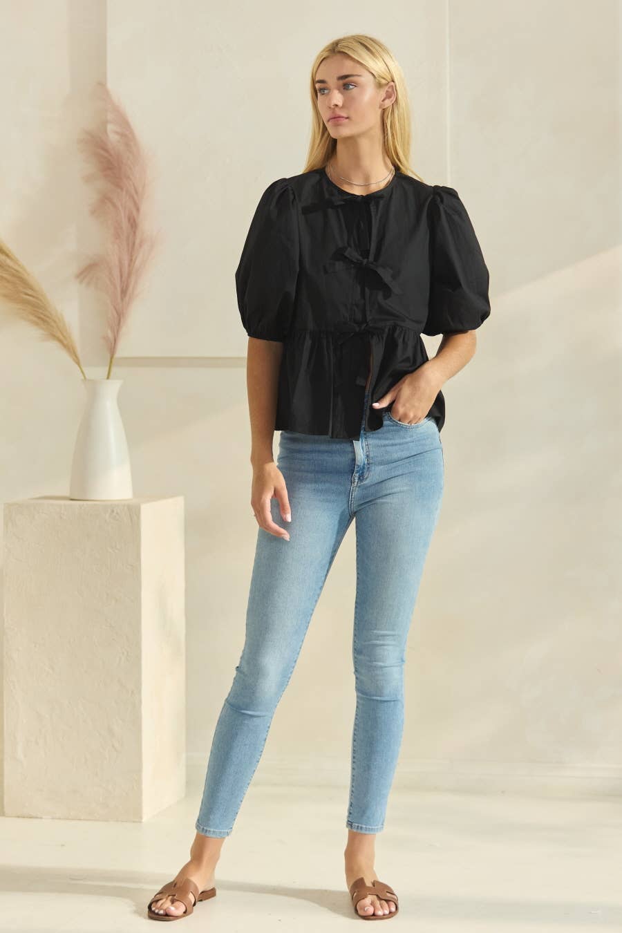 Poplin Front Tie Ribbon Peplum, Modest Puff Sleeve
