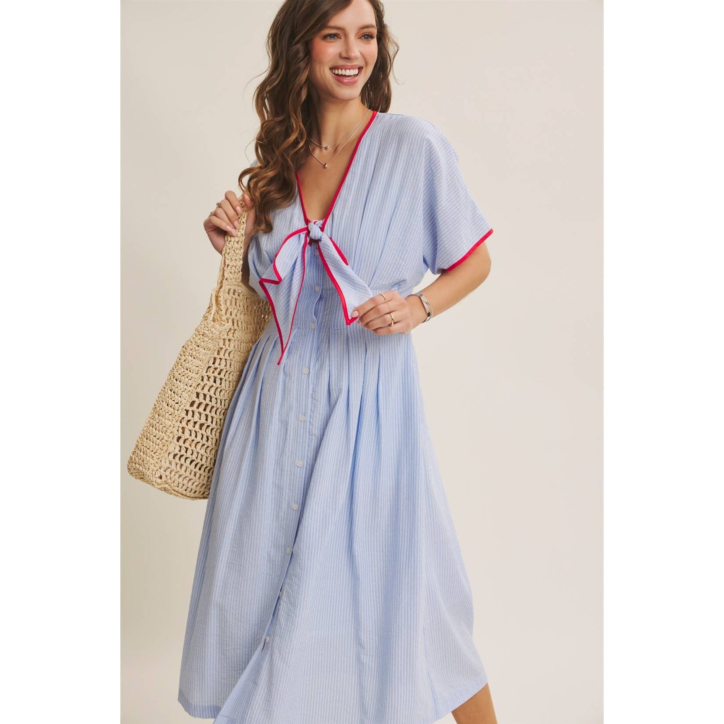 Midi Dress With Pleated Stripe Button Down Tie Modest Fashion Easter