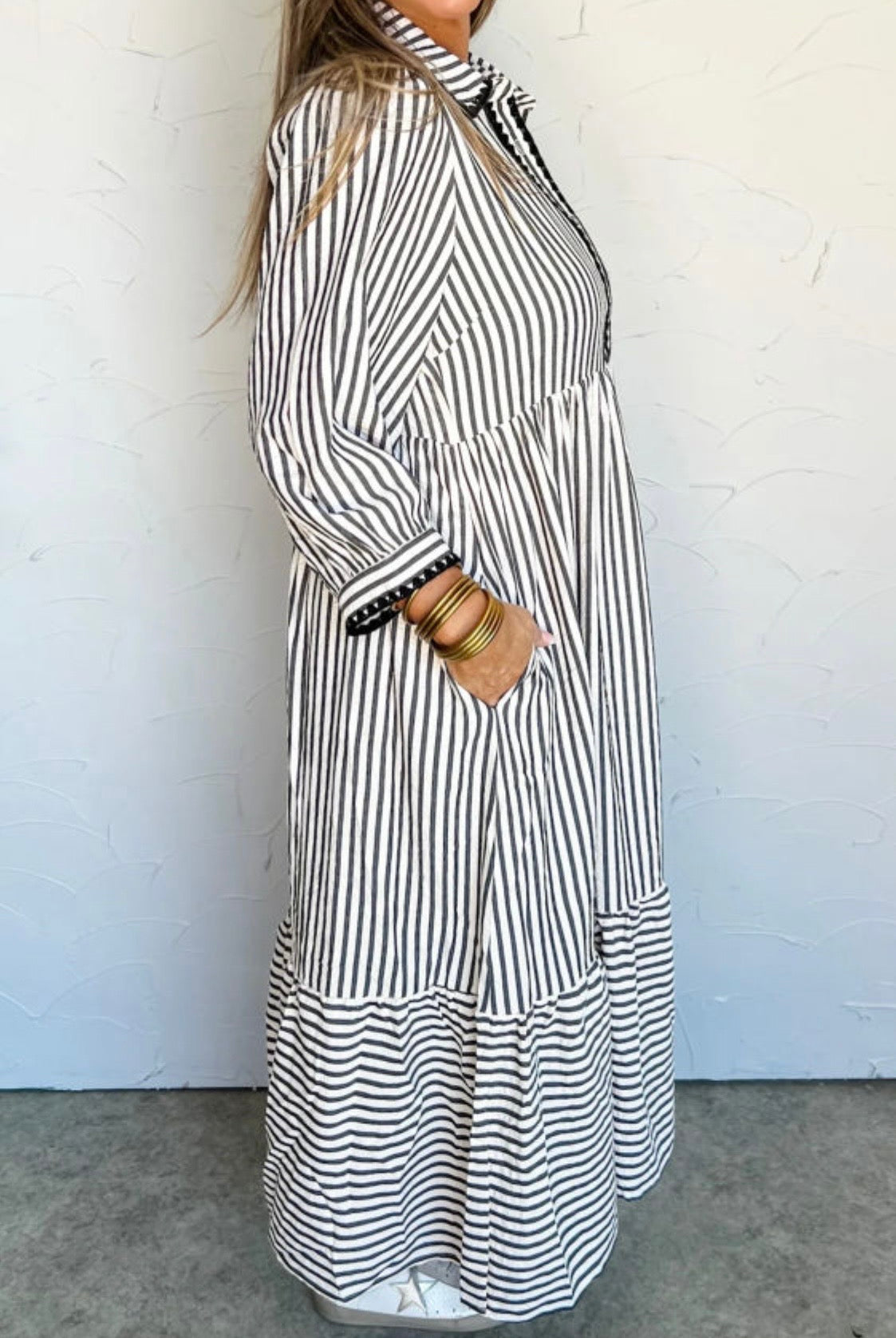Le Sage May Modest Midi Dress - Black And Cream Stripes With Pockets