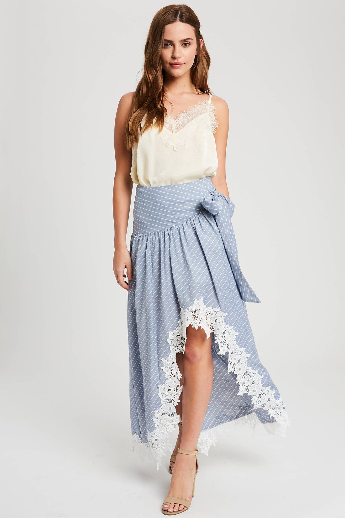 Wrap Maxi Skirt With Striped Lace Trim Fun Flirty Skirt