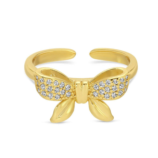 Ring Adjustable Pave Bow Gold Plated Delicate Cubic Zirconia