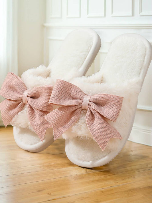 Slippers Le Sage May Bow Knot Decor Plush Open-Toe White Faith-Based