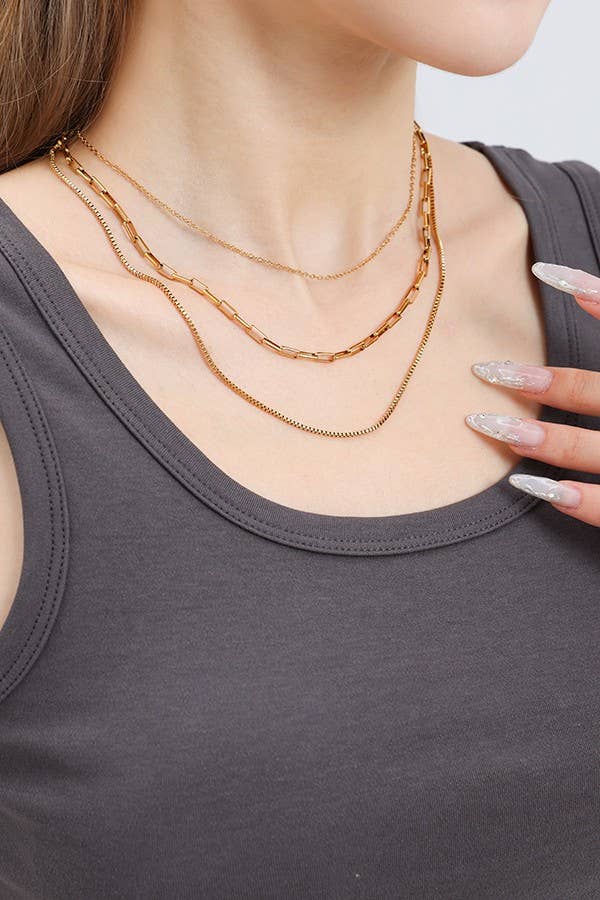 Layered Necklace Tarnish Free 18K Stainless Steel Triple Layer
