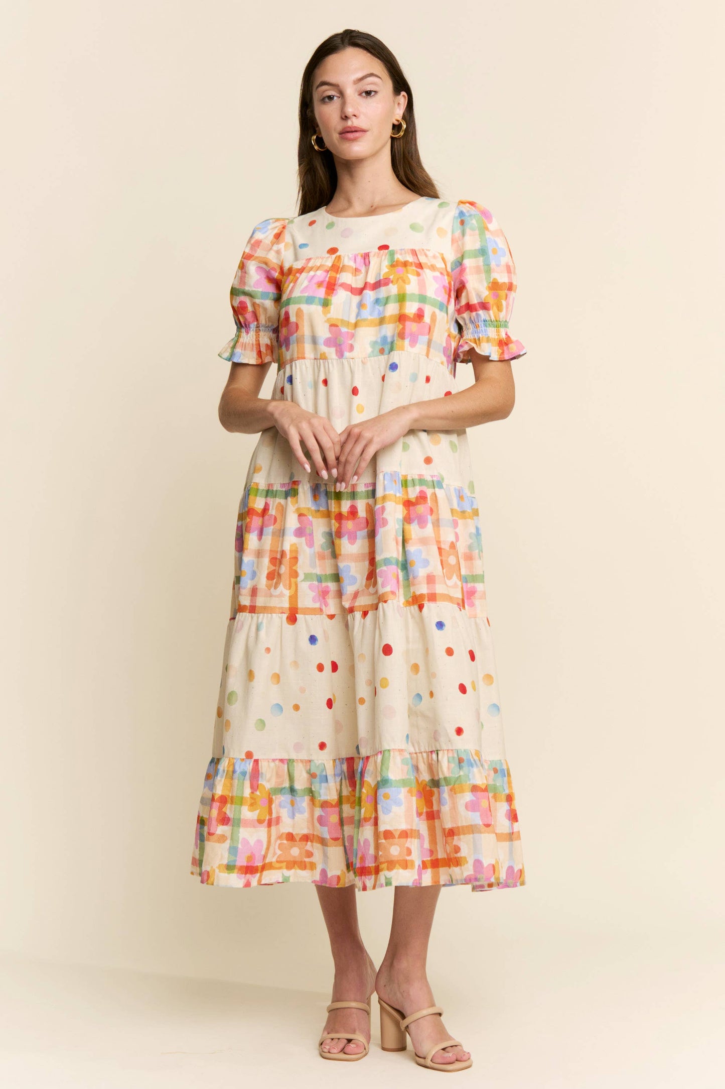 Maxi Dress - Modest Multicolor Floral Polka Dot With Pockets, 100 Percent Cotton
