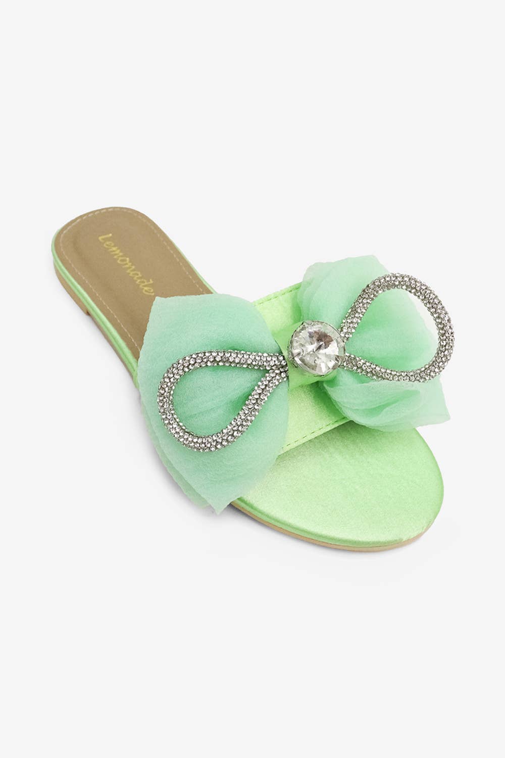 Spring Green/ Bow Accent Sandals with Rhinestones- Slip On/ Flat