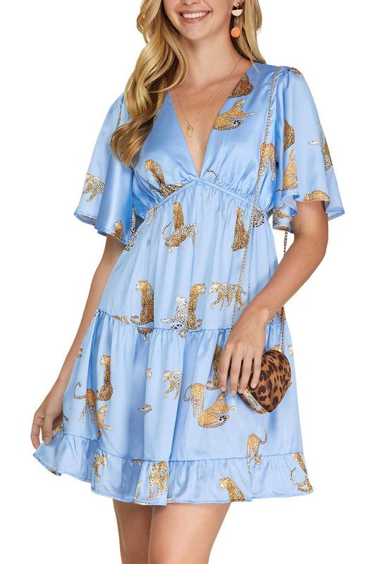 Satin Dress With Flutter Sleeve Tiered Jaguar Print Modest Fashion Faith Based