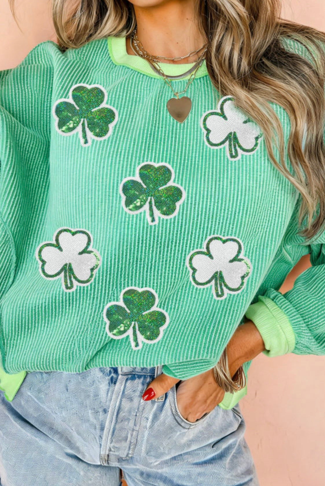 Ribbed Pullover With Sequin Clovers - 50% SALE