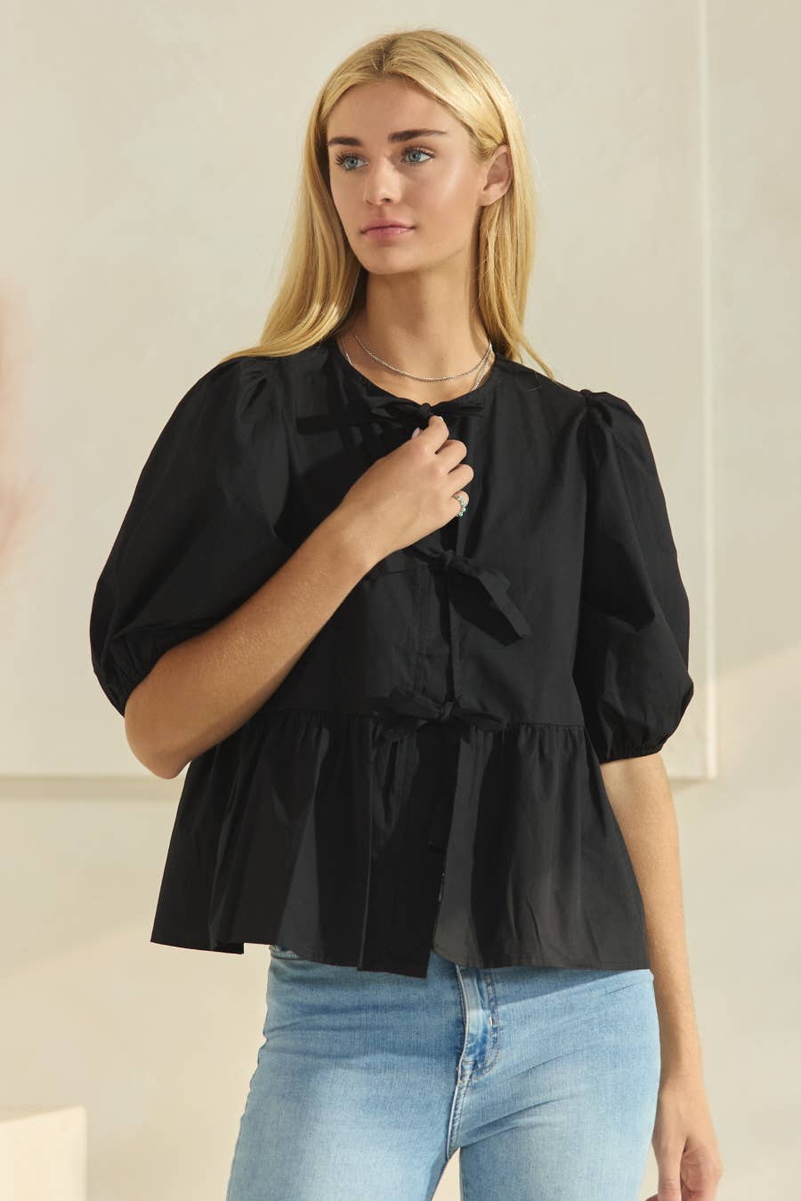 Poplin Front Tie Ribbon Peplum, Modest Puff Sleeve