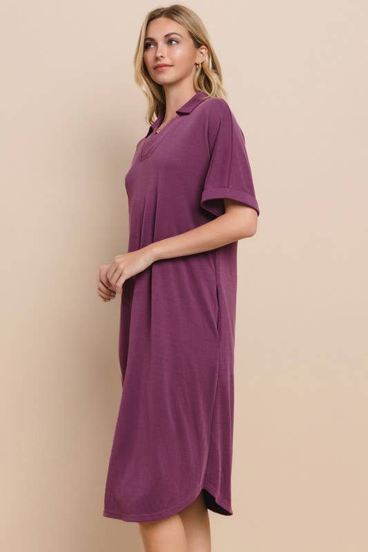 Plus Size Modest Modal Pique Knit Midi Dress With V Neck Collar