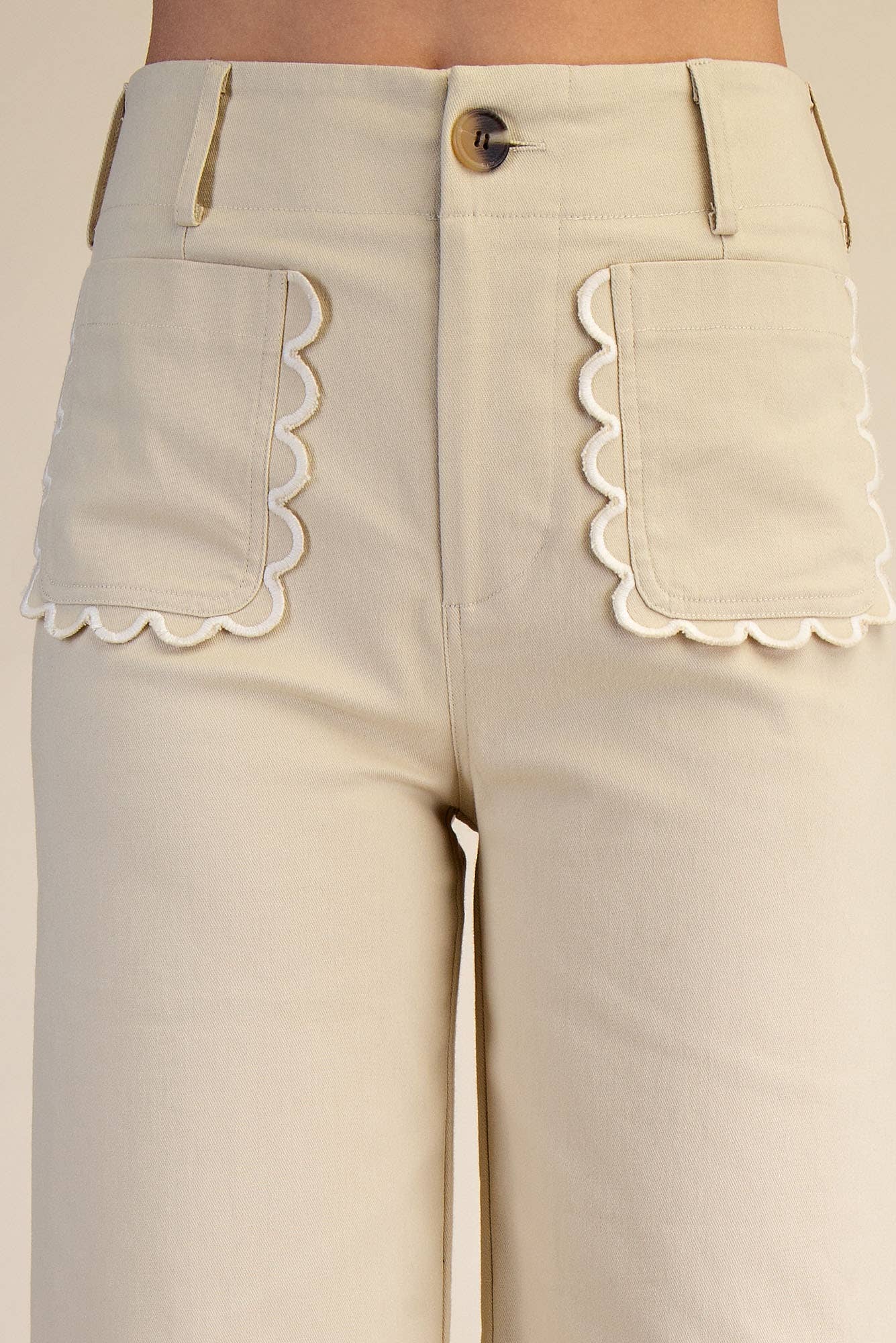Pants Wide-Leg Cropped With Scalloped Pocket Detail Cotton Blend