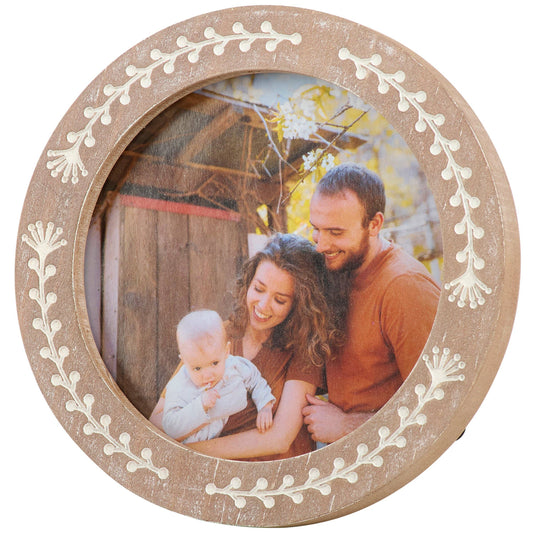 Round Wood Photo Frame - Garden Collection, Debossed Vine Design, Cream Accents