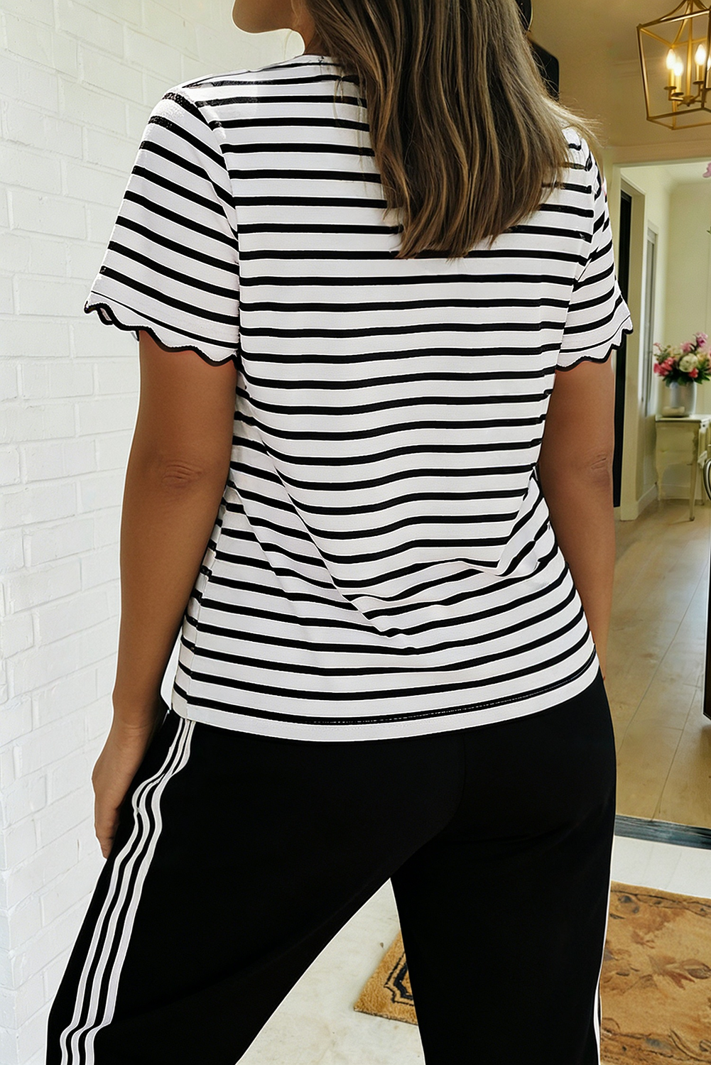 Scallop Trimmed Striped Blouse