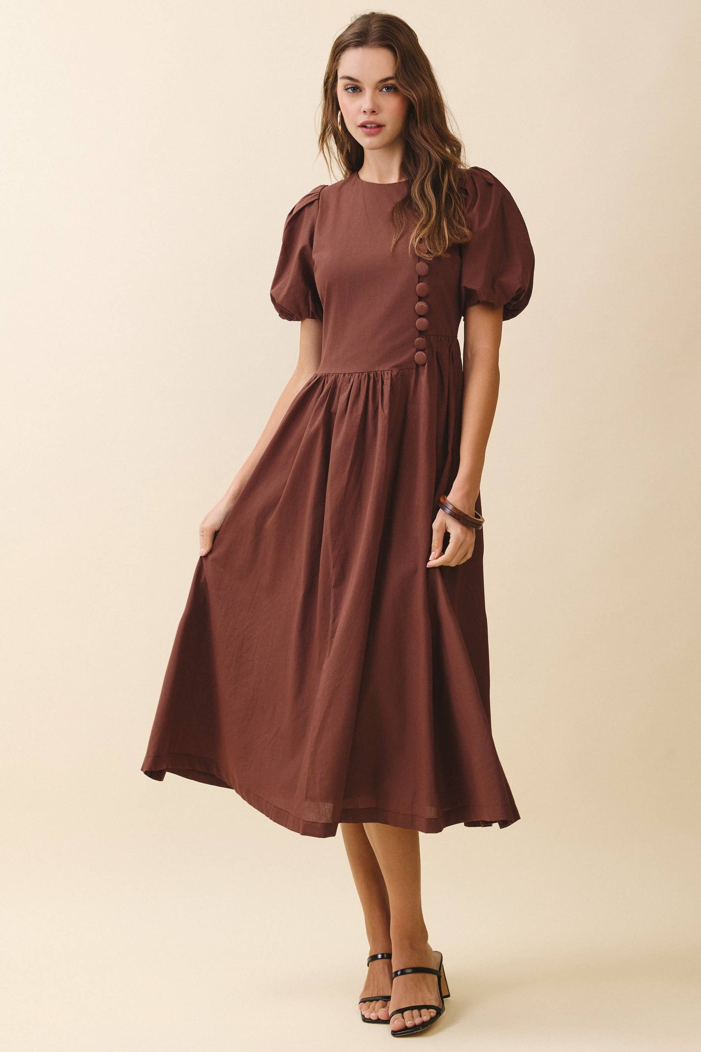 Puff Sleeve Midi Dress - Le Sage May Modest Round-Neck Faux Button Front