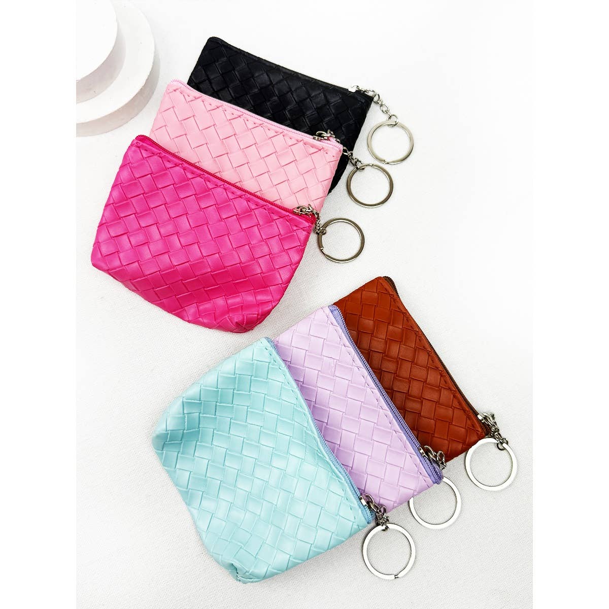 Coin Purse With Key Ring, Weave Pattern Detail, Assorted Colors