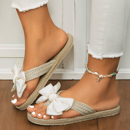 Flip Flops With Stitched Bow Decor – Straw-Woven