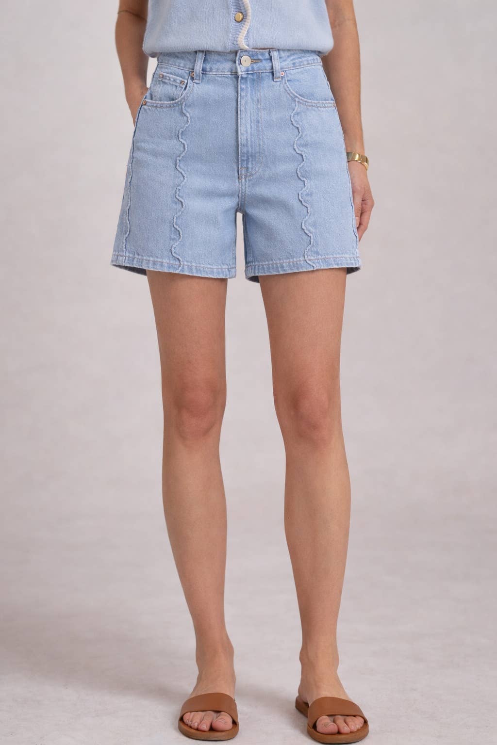 Denim Shorts Mid Rise Wide Leg With Scalloped Front Seam Detail Modest Fashion