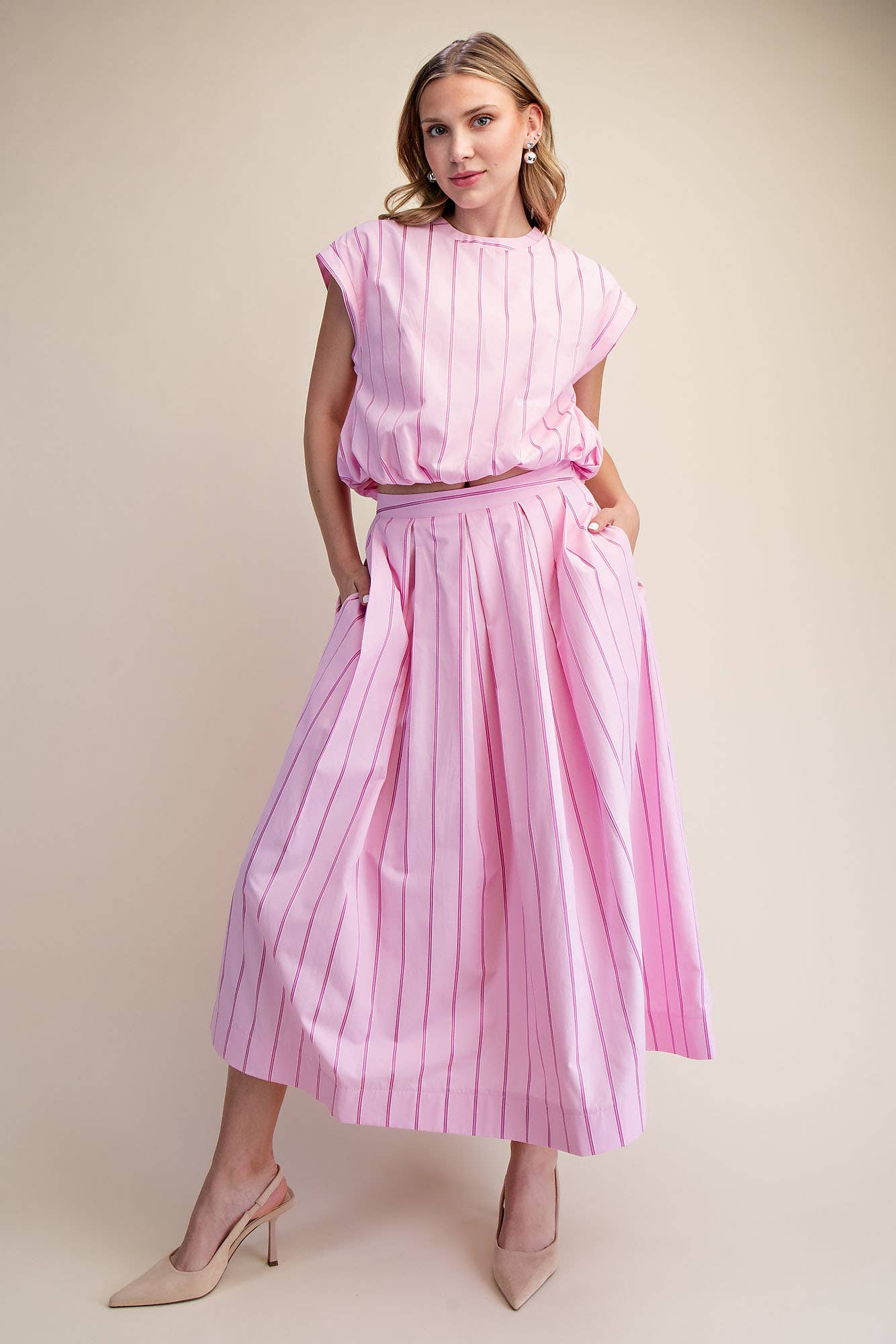 Midi Skirt Pleated Stripe With Pockets Modest Boutique Style