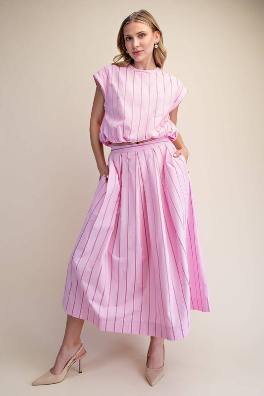 Midi Skirt Pleated Stripe With Pockets Modest Boutique Style