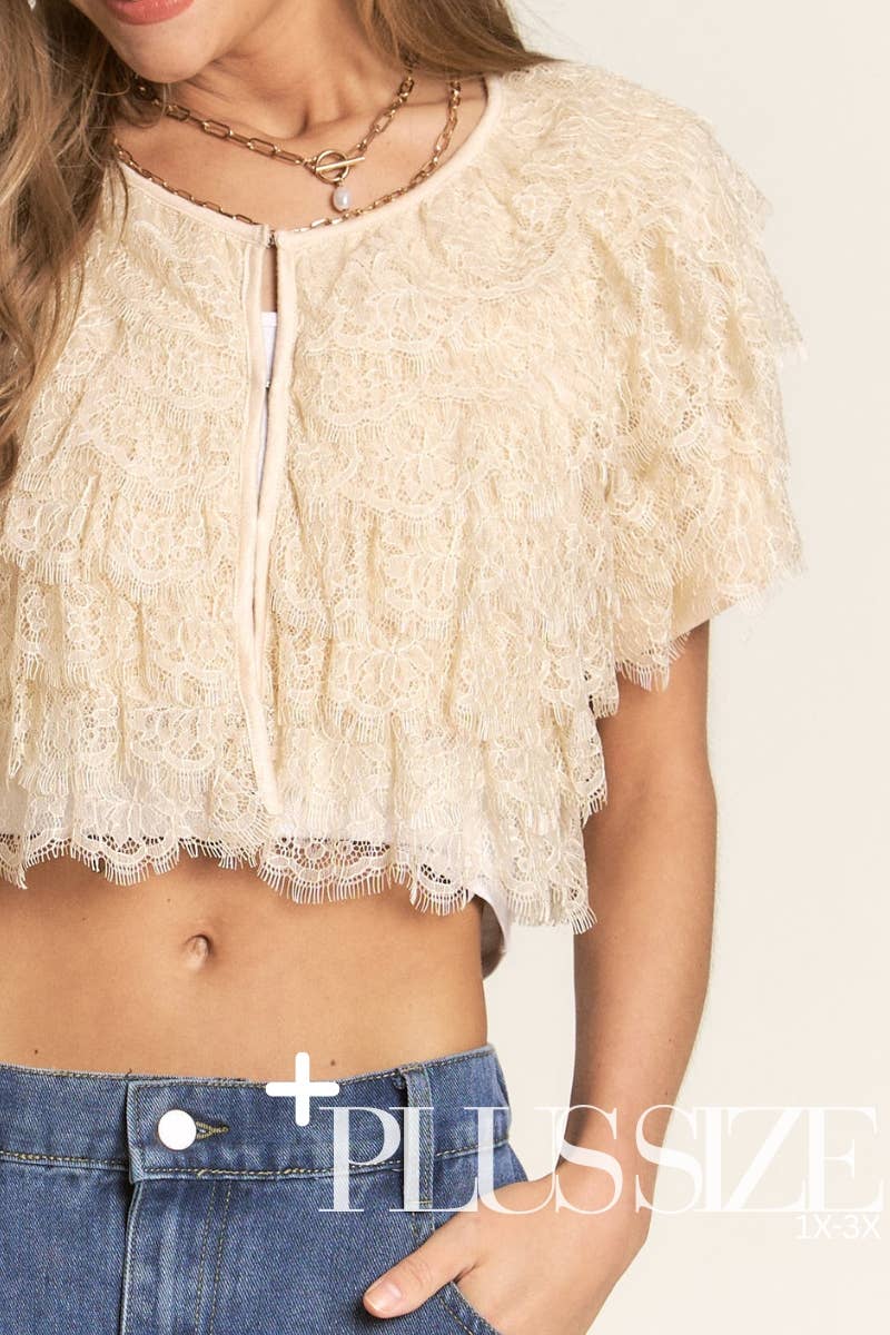 Cardigan With Tiered Lace Cropped Eyelash Fringe Front Tie Modest Fashion
