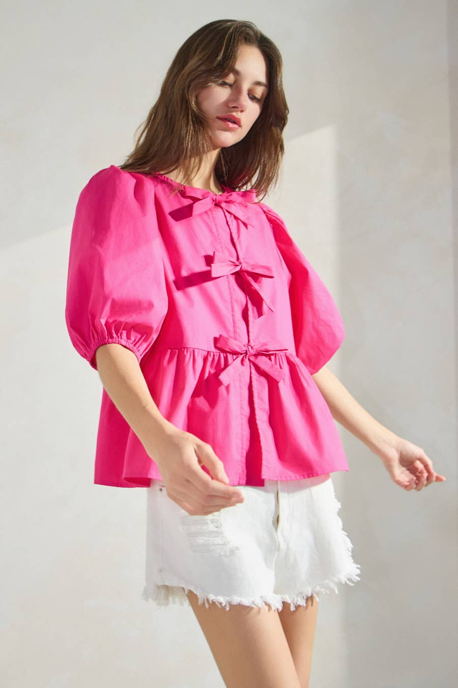 Poplin Front Tie Ribbon Peplum, Modest Puff Sleeve