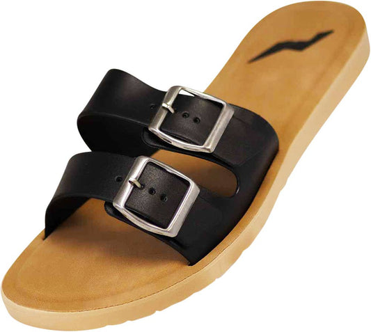 Two Buckle Slide Sandal Modest Fashion Footwear Black For Women’s Boutique