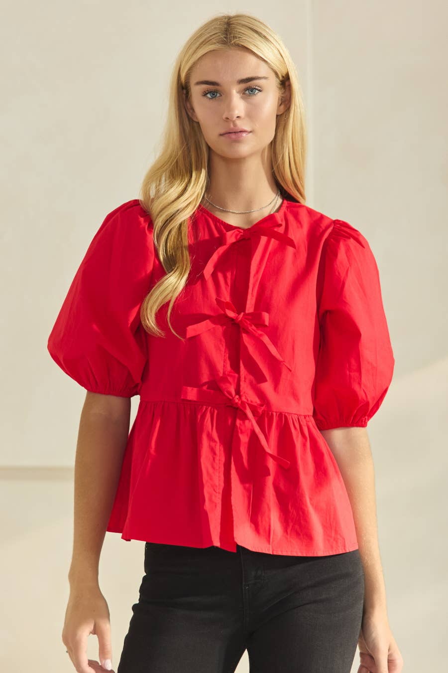 Poplin Front Tie Ribbon Peplum, Modest Puff Sleeve