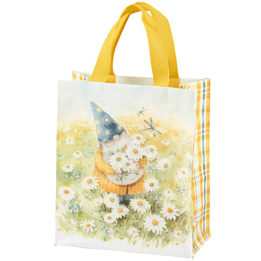 Tote Bag Daisy Gnome Garden Design With Hand Painted Plaid Gussets