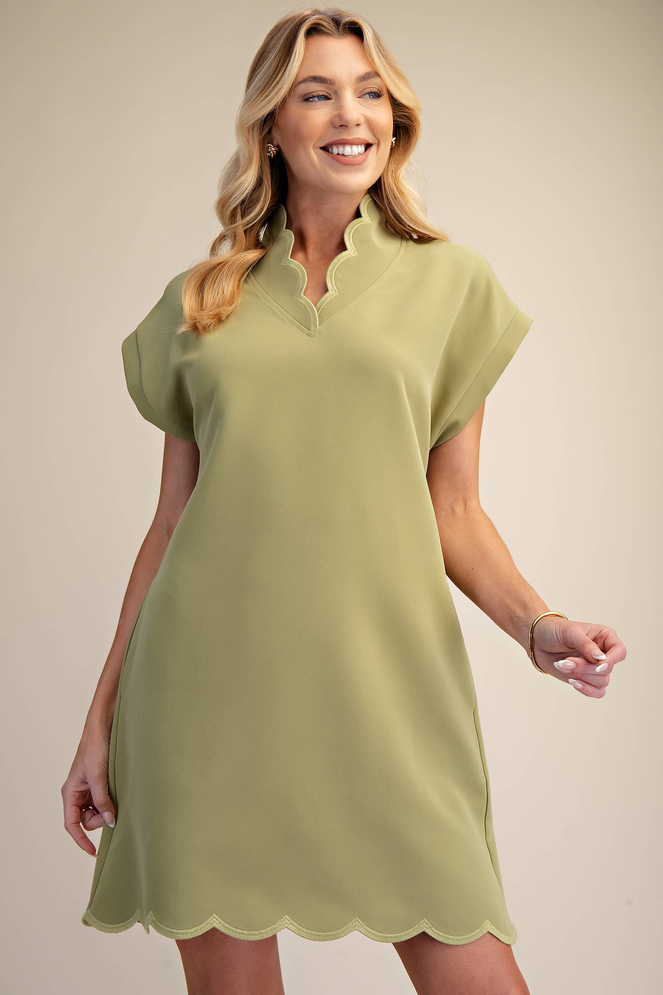 Mini Dress With Embroidered Scallop Trim V Neck And Hem Cap Sleeves - Super Cute