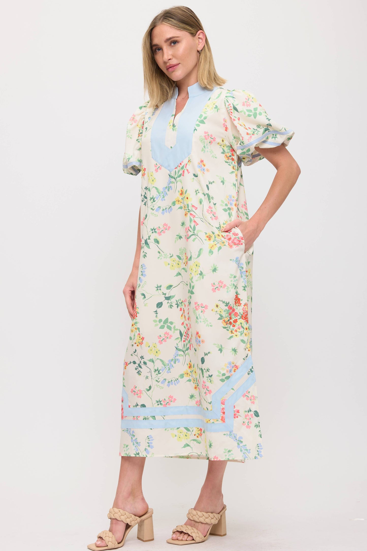 Trimmed Split Neck Line- Floral Maxi Dress - Puffed Sleeves - Restock Arrives April 4th