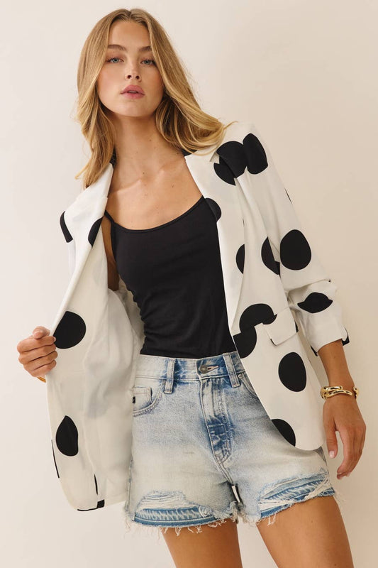 Cropped Blazer With Polka Dot Pattern, Notched Collar, Scrunched Sleeves