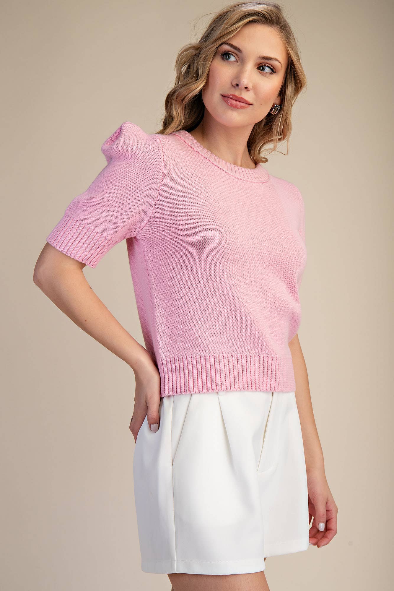 Spring Sweater With Round Neck And Short Sleeves Modest