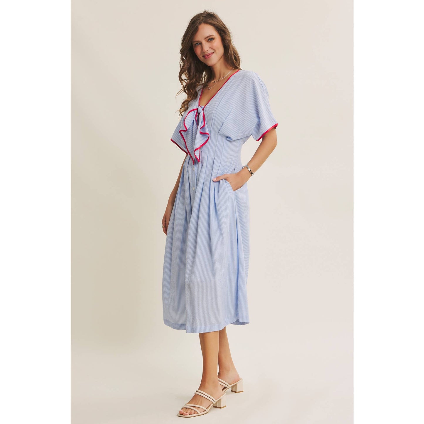 Midi Dress With Pleated Stripe Button Down Tie Modest Fashion Easter