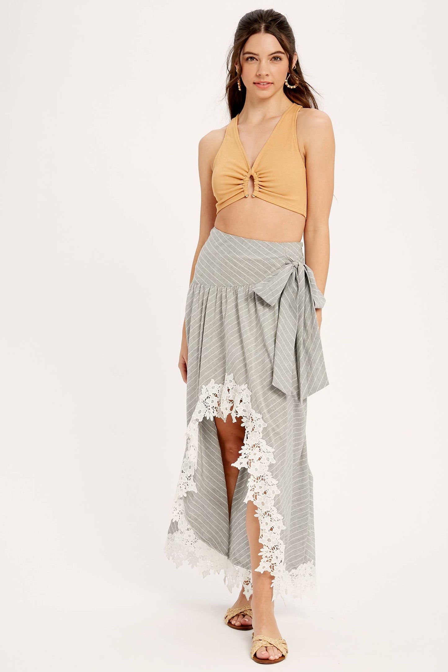 Wrap Maxi Skirt With Striped Lace Trim Fun Flirty Skirt
