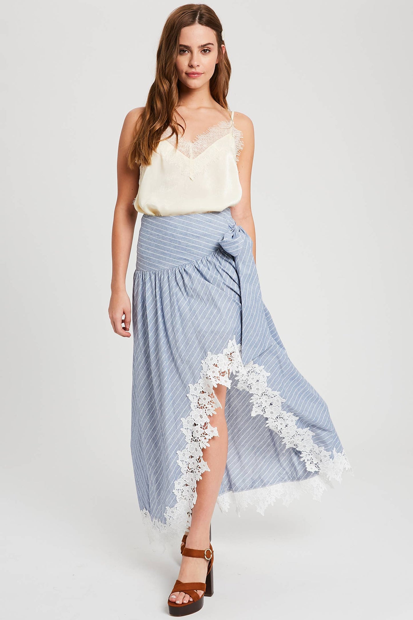 Wrap Maxi Skirt With Striped Lace Trim Fun Flirty Skirt