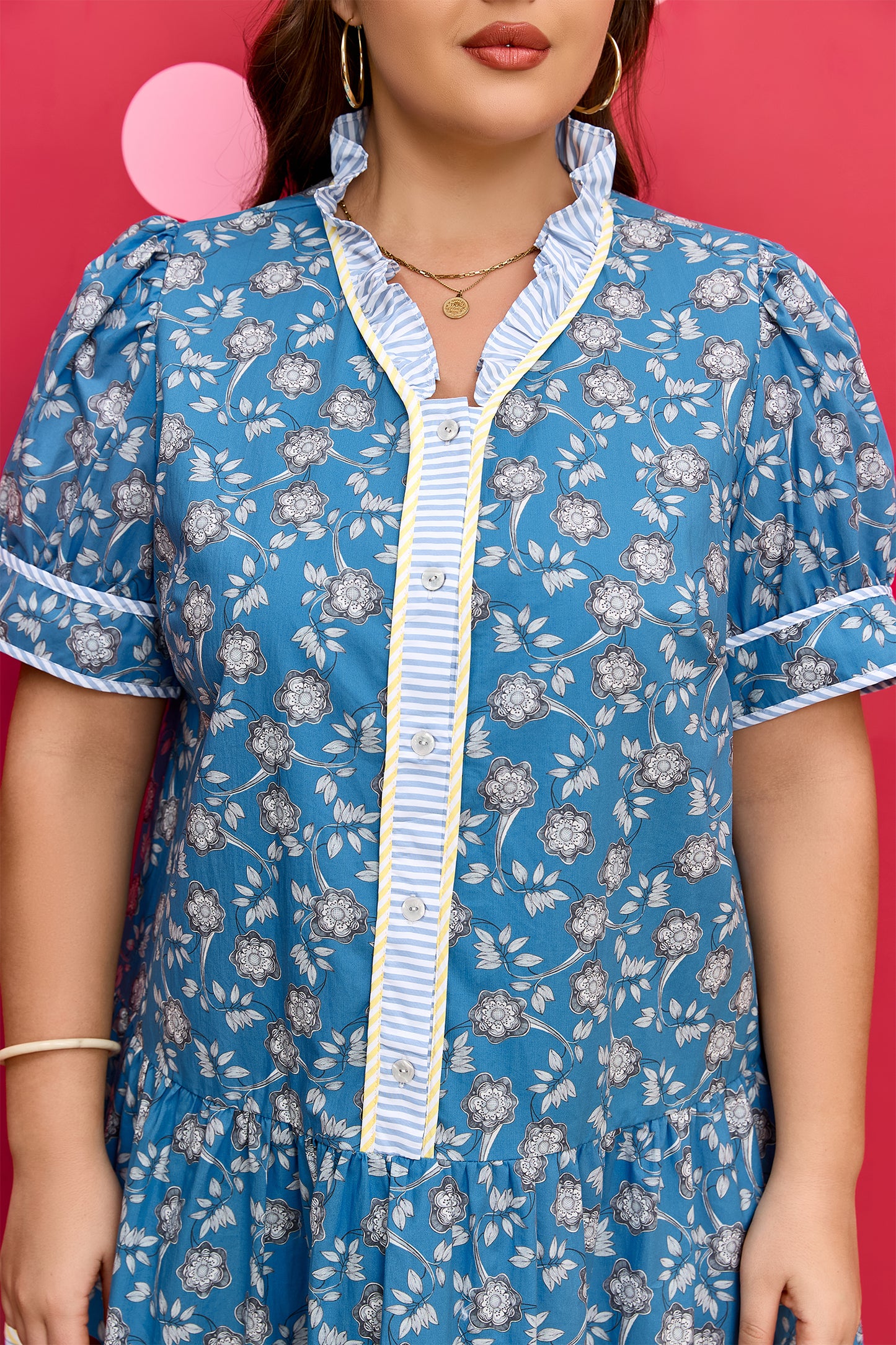 Blue Floral Print Striped Patchwork Detail Button Front Ruffle Hem Dress